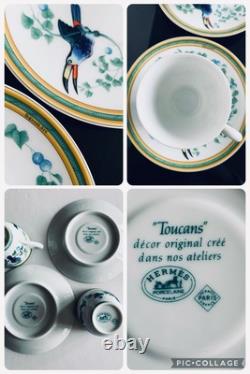 HERMES Toucans Demitasse Cups & Saucers Set of 2 Porcelain Toucan Design