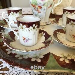Hand-painted Demitasse Cups, Saucers, Pot And Tray Set Antique