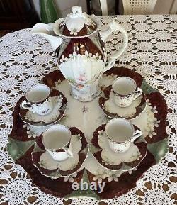 Hand-painted Demitasse Cups, Saucers, Pot And Tray Set Antique