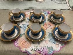 Haviland Limoges Pompadour Powder Bleu Flat Demitasse Cups and Saucers, Set Of 6