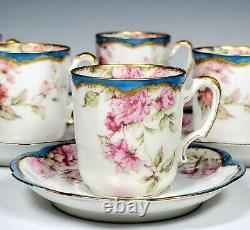 Haviland Limoges Schleiger 39 Pink Roses withBlue Gold 6 Demitasse Cups Saucers