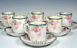 Haviland Limoges Schleiger 39 Pink Roses withBlue Gold 6 Demitasse Cups Saucers