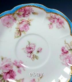 Haviland Limoges Schleiger 39 Pink Roses withBlue Gold 6 Demitasse Cups Saucers