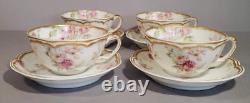 Haviland Schleiger 39E Set 4 Demitasse Cups & Saucers Blue Yellow Rose Gold