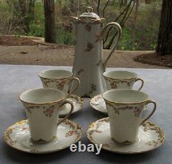 Haviland Schleiger 523 Chocolate Server w 4 Demitasse Cup & Saucer Sets Hvy Gold