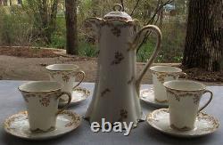 Haviland Schleiger 523 Chocolate Server w 4 Demitasse Cup & Saucer Sets Hvy Gold