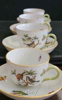 Herend Rothschild Bird Cups & Saucers #1711 Demitasse Hungary Lot of 4