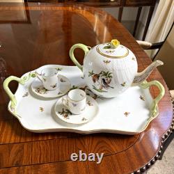 Herend Rothschild BirdTeapot with Lid, Serving Tray and 2 demitasse cups/saucers