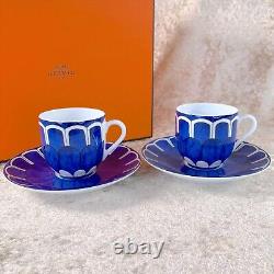 Hermes Bleus d'Ailleurs Demitasse Coffee Cup & Saucer Porcelain 2 Sets with Case