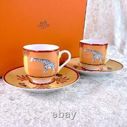 Hermes Demitasse Cup & Saucer Porcelain Tableware AFRICA ORANGE 2 Sets withCase