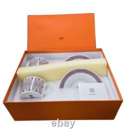 Hermes H Deco rouge Demitasse Coffee Cup Saucer Porcelain Set Of 2 With Box