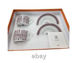 Hermes H Deco rouge Demitasse Coffee Cup Saucer Porcelain Set Of 2 With Box
