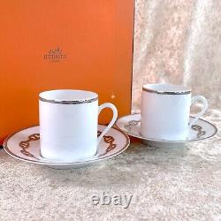 Hermes Paris Demitasse Cup Saucer CHAINE D'ANCRE PLATINUM 2 Sets Tableware withBox