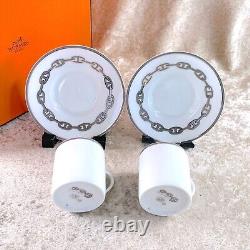 Hermes Paris Demitasse Cup Saucer CHAINE D'ANCRE PLATINUM 2 Sets Tableware withBox