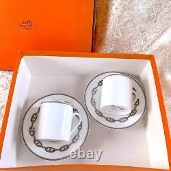 Hermes Paris Demitasse Cup Saucer CHAINE D'ANCRE PLATINUM 2 Sets Tableware withBox