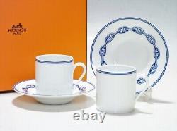 Hermes Paris Demitasse Cup & Saucer Pair Sets CHAINE D'ANCRE BLUE with Box