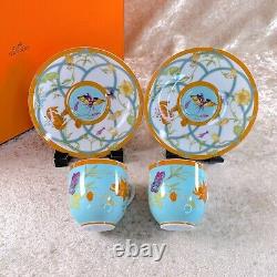 Hermes Paris Demitasse Cup & Saucer Siesta Island Blue Porcelain 2 Sets withBox