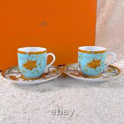 Hermes Paris Demitasse Cup & Saucer Siesta Island Blue Porcelain 2 Sets withBox