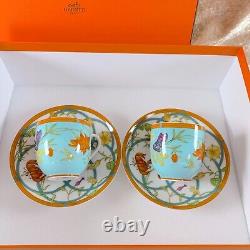 Hermes Paris Demitasse Cup & Saucer Siesta Island Blue Porcelain 2 Sets withBox