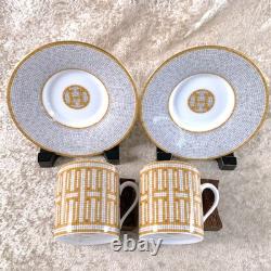Hermes Paris Demitasse Cup and Saucer Mosaique Au 24 Gold 2 Sets Tableware