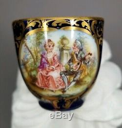 Heufel Dresden Hand Painted Courting Scene Cobalt Gold Demitasse Cup & Saucer #3