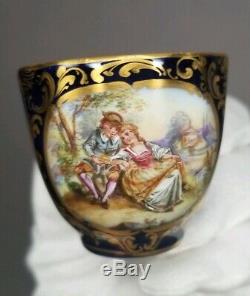 Heufel Dresden Hand Painted Courting Scene Cobalt Gold Demitasse Cup & Saucer #8