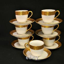 Hutschenreuther Set of 7 Demitasse Cups Saucers 1925-1939 White withEncrusted Gold