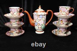Japanese Meiji Thousand Flowers Satuma Footed Teapot 6 Demitasse Cups & Saucers