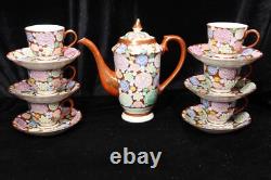 Japanese Meiji Thousand Flowers Satuma Footed Teapot 6 Demitasse Cups & Saucers