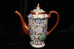 Japanese Meiji Thousand Flowers Satuma Footed Teapot 6 Demitasse Cups & Saucers