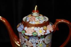 Japanese Meiji Thousand Flowers Satuma Footed Teapot 6 Demitasse Cups & Saucers