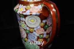 Japanese Meiji Thousand Flowers Satuma Footed Teapot 6 Demitasse Cups & Saucers