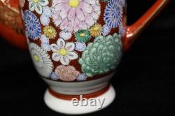 Japanese Meiji Thousand Flowers Satuma Footed Teapot 6 Demitasse Cups & Saucers