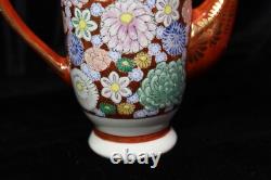 Japanese Meiji Thousand Flowers Satuma Footed Teapot 6 Demitasse Cups & Saucers
