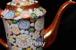 Japanese Meiji Thousand Flowers Satuma Footed Teapot 6 Demitasse Cups & Saucers