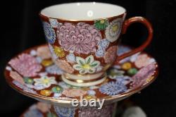 Japanese Meiji Thousand Flowers Satuma Footed Teapot 6 Demitasse Cups & Saucers
