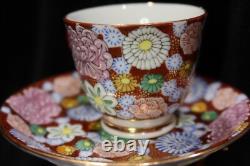 Japanese Meiji Thousand Flowers Satuma Footed Teapot 6 Demitasse Cups & Saucers
