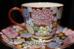 Japanese Meiji Thousand Flowers Satuma Footed Teapot 6 Demitasse Cups & Saucers