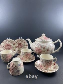 Johnson Brothers Rose Chintz TEAPOT w 4 DEMITASSE Cups & Saucers England Discont