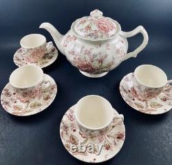 Johnson Brothers Rose Chintz TEAPOT w 4 DEMITASSE Cups & Saucers England Discont