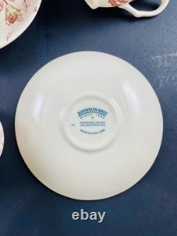 Johnson Brothers Rose Chintz TEAPOT w 4 DEMITASSE Cups & Saucers England Discont