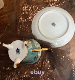 KMP Porcelain 1930s Demitasse, Cup and Saucer Vintage Green Courting Couple