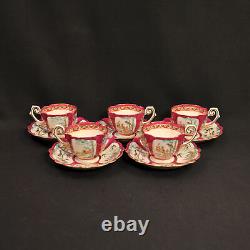 Kutani Demitasse 5 Cups & Saucers Occupied Japan 1946-1952 Asian Design Red Gold