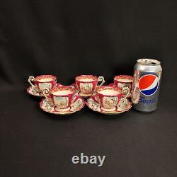 Kutani Demitasse 5 Cups & Saucers Occupied Japan 1946-1952 Asian Design Red Gold