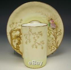 LIMOGES HAND PAINTED RAISED ROSES DAISY DEMITASSE CHOCOLATE CUP & SAUCER a