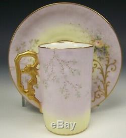 LIMOGES HAND PAINTED RAISED ROSES DAISY DEMITASSE CHOCOLATE CUP & SAUCER b