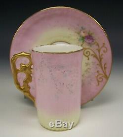 LIMOGES HAND PAINTED RAISED ROSES DAISY DEMITASSE CHOCOLATE CUP & SAUCER c