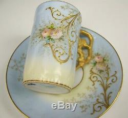 LIMOGES HAND PAINTED RAISED ROSES DAISY DEMITASSE CHOCOLATE CUP & SAUCER d