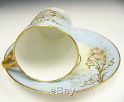 LIMOGES HAND PAINTED RAISED ROSES DAISY DEMITASSE CHOCOLATE CUP & SAUCER d