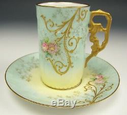 LIMOGES HAND PAINTED RAISED ROSES DAISY DEMITASSE CHOCOLATE CUP & SAUCER e